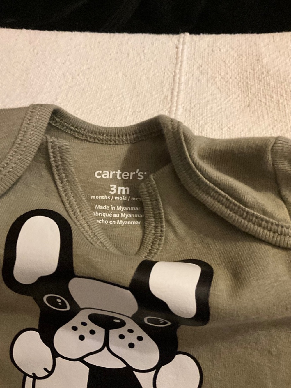 Baby bodysuit, 3 mo, olive, boxer dog with soccer ball